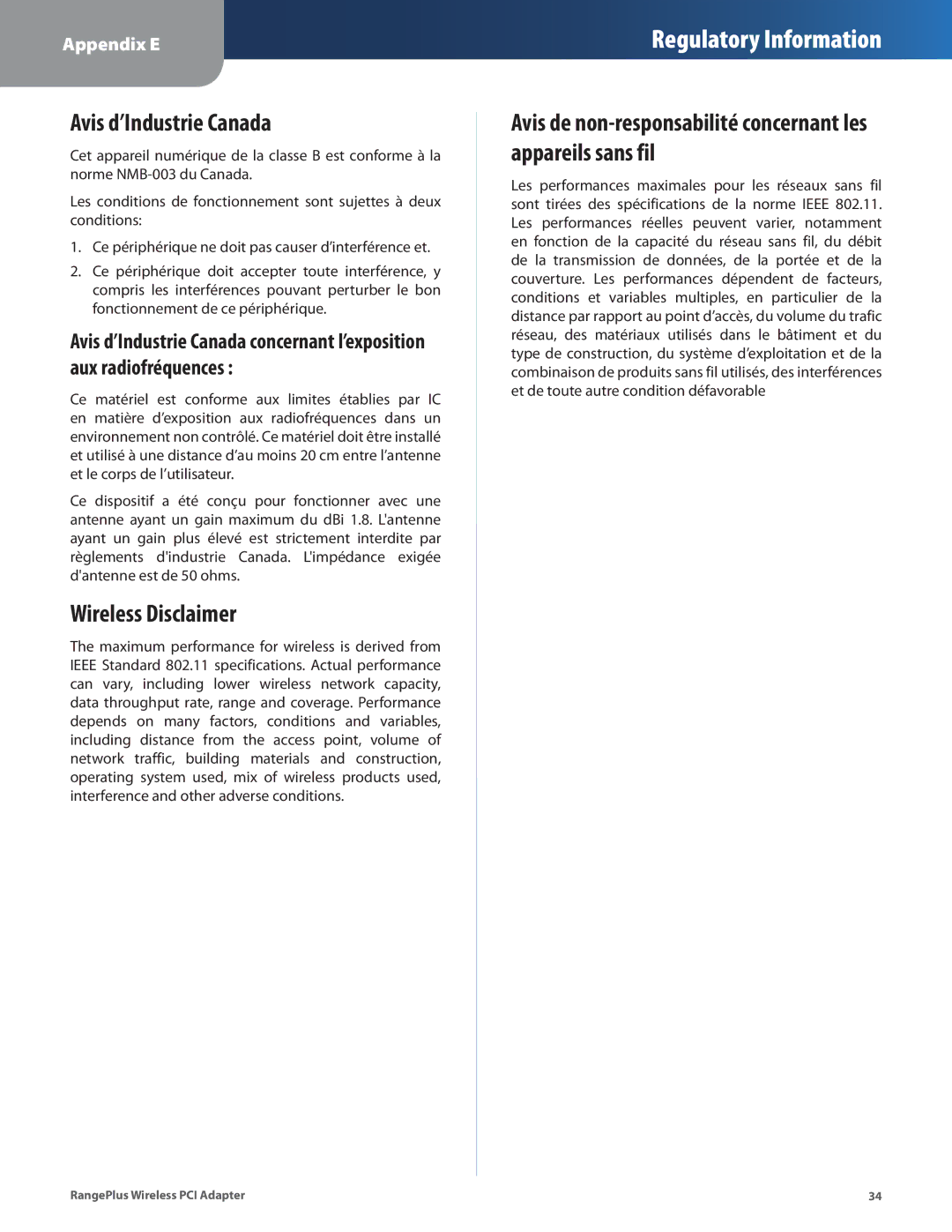 Linksys WMP110 manual Avis d’Industrie Canada, Wireless Disclaimer 