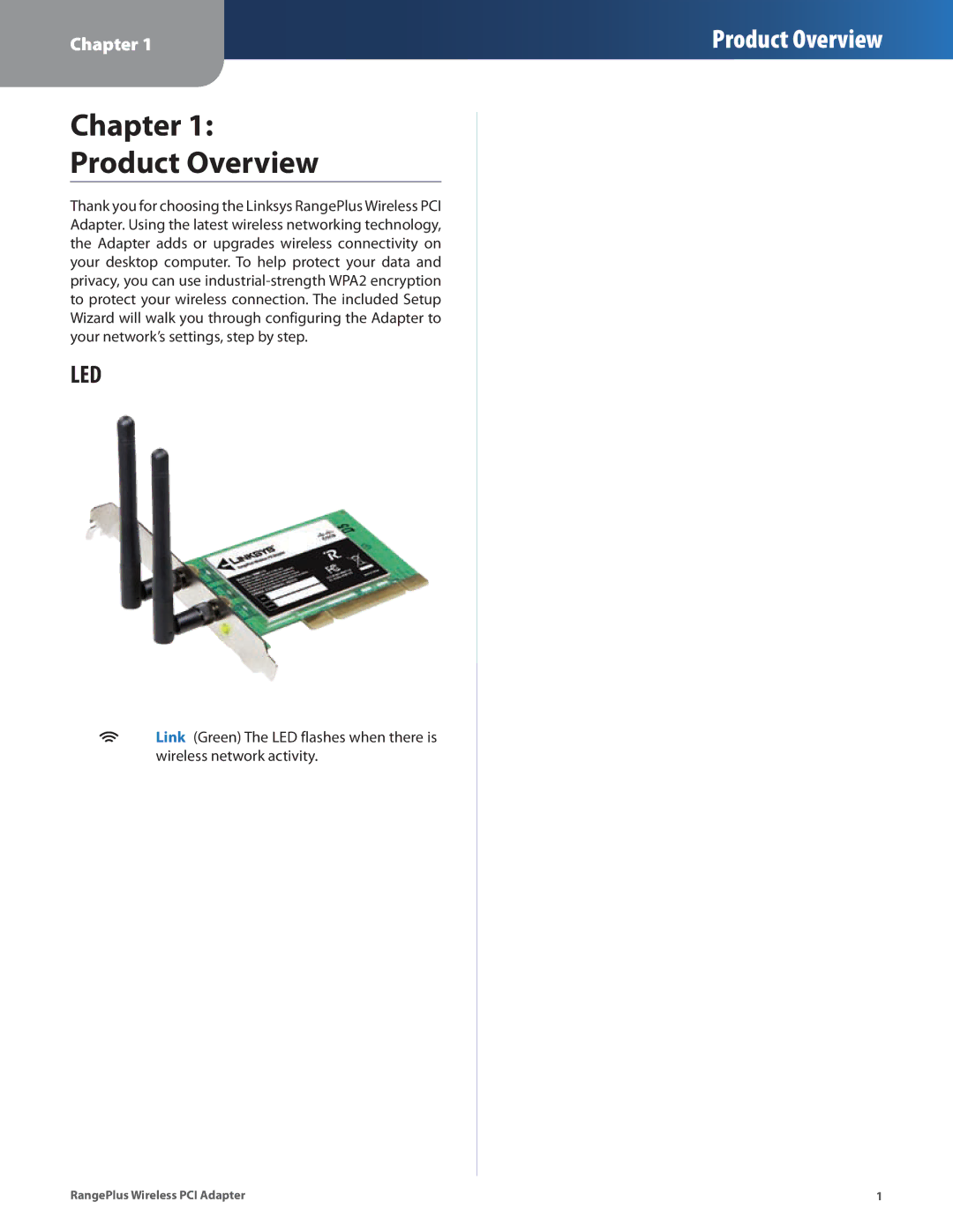 Linksys WMP110 manual Chapter Product Overview, Led 