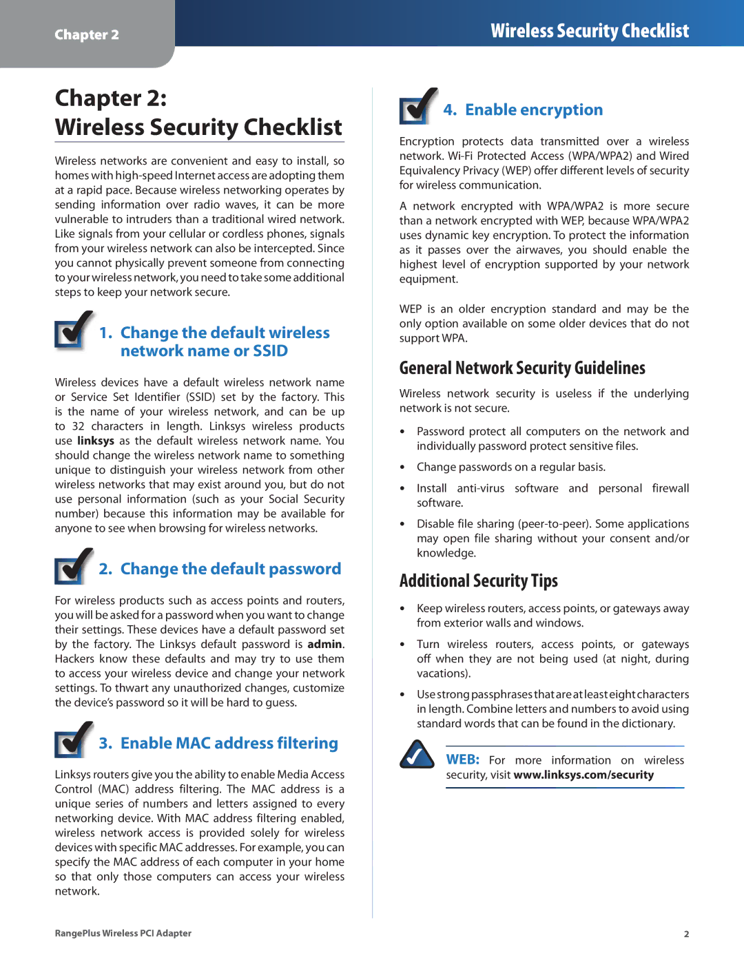 Linksys WMP110 manual Chapter Wireless Security Checklist, General Network Security Guidelines, Additional Security Tips 