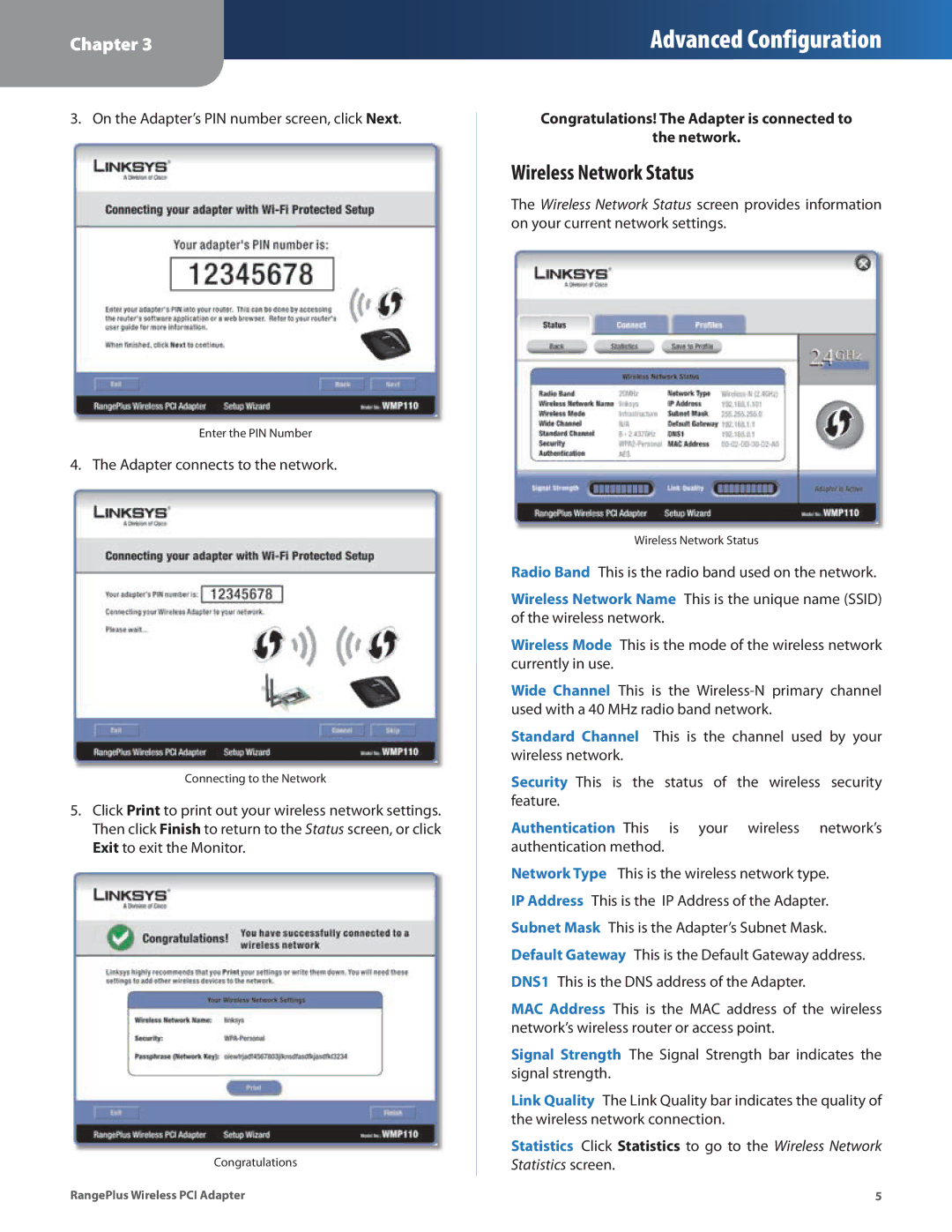 Linksys WMP110 manual Wireless Network Status 