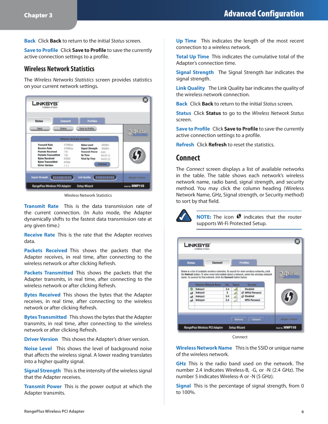 Linksys WMP110 manual Connect, Wireless Network Statistics 