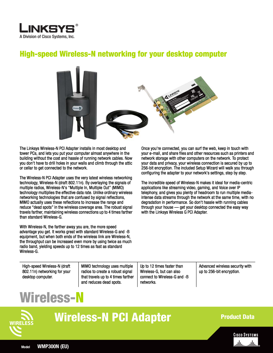 Linksys manual Model WMP300N EU, Wireless-N PCI Adapter, High-speed Wireless-N networking for your desktop computer 
