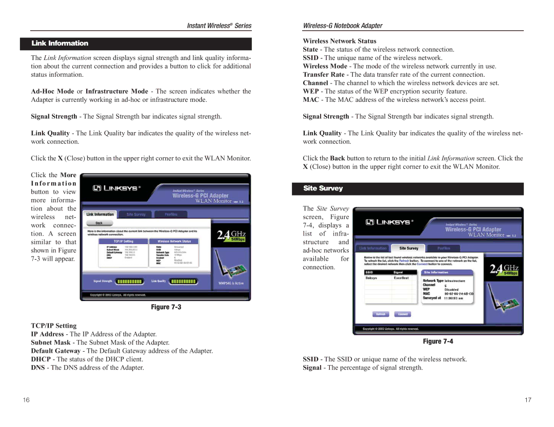 Linksys WMP54G manual Link Information, Site Survey 