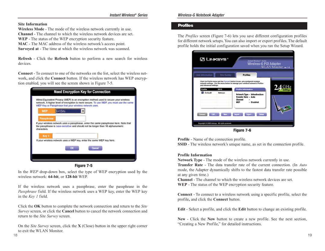 Linksys WMP54G manual Site Information, Profiles 