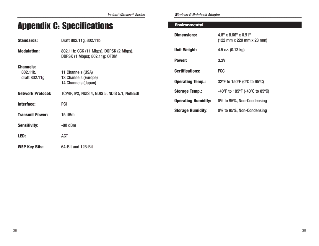 Linksys WMP54G manual Appendix C Specifications, Environmental 