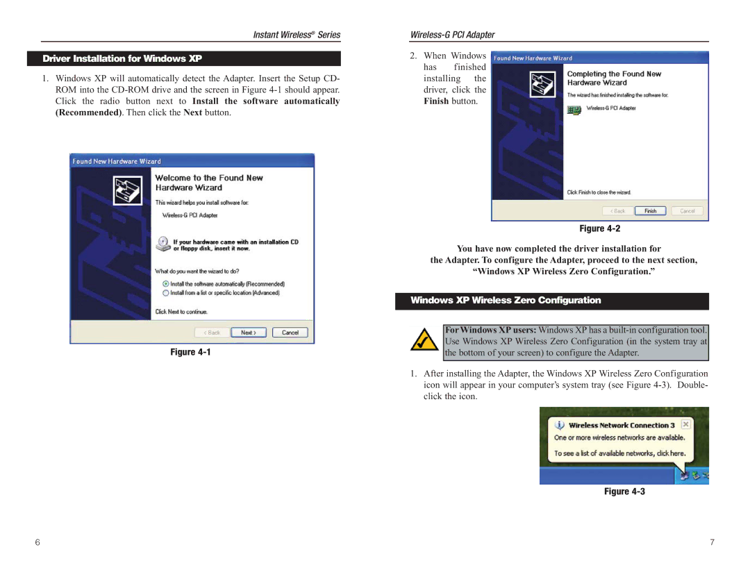 Linksys WMP54G manual Driver Installation for Windows XP, Windows XP Wireless Zero Configuration 