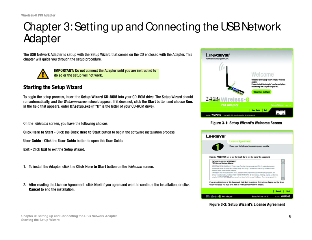 Linksys WMP54G manual Setting up and Connecting the USB Network Adapter, Starting the Setup Wizard 