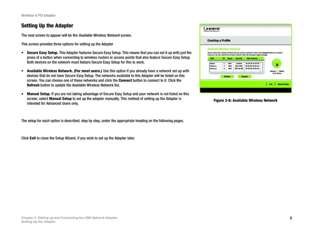 Linksys WMP54G manual Setting Up the Adapter, Available Wireless Network 