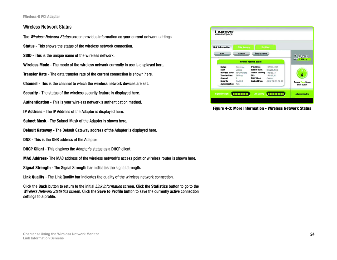 Linksys WMP54G manual Wireless Network Status 