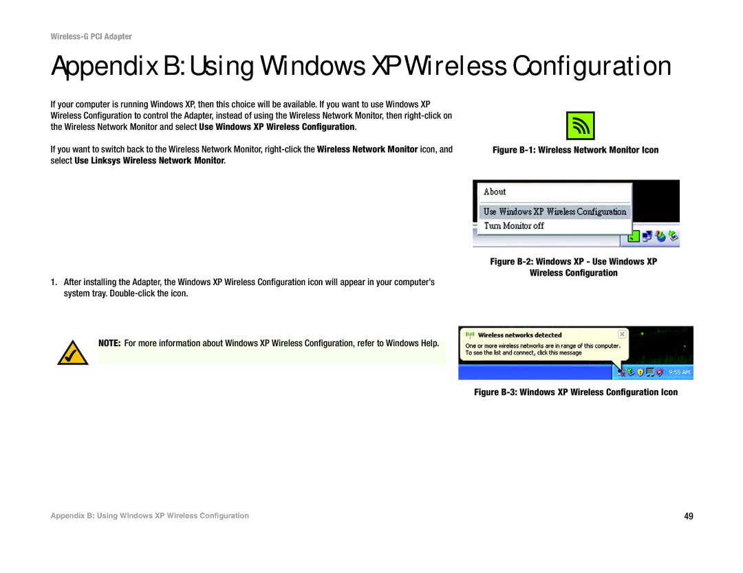 Linksys WMP54G manual Appendix B Using Windows XP Wireless Configuration, Figure B-1 Wireless Network Monitor Icon 