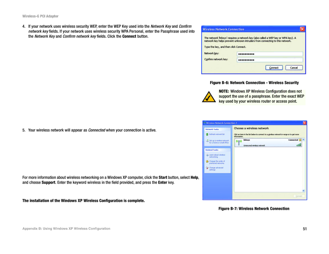 Linksys WMP54G manual Figure B-6 Network Connection Wireless Security 