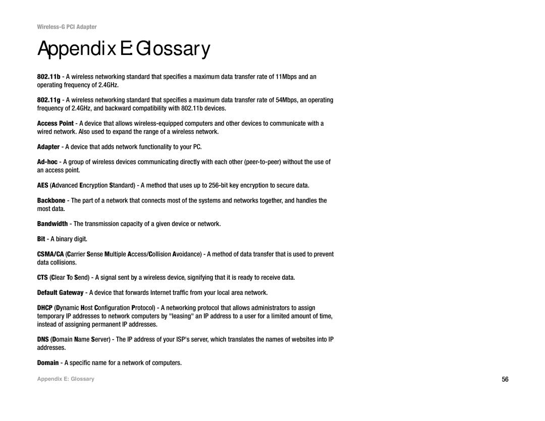 Linksys WMP54G manual Appendix E Glossary 