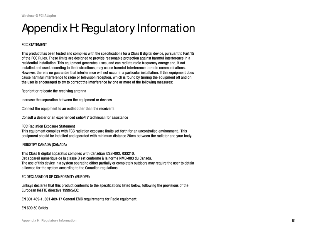 Linksys WMP54G manual Appendix H Regulatory Information, FCC Statement 