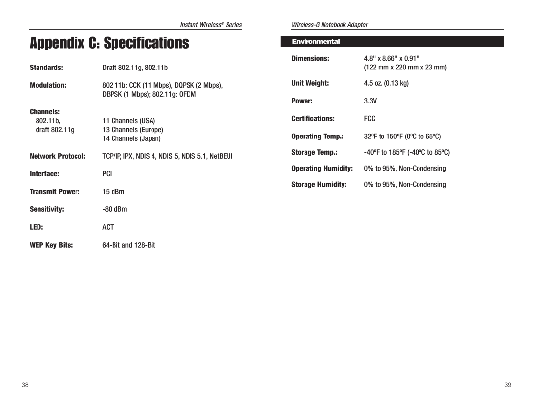 Linksys WMP54G manual Appendix C Specifications 