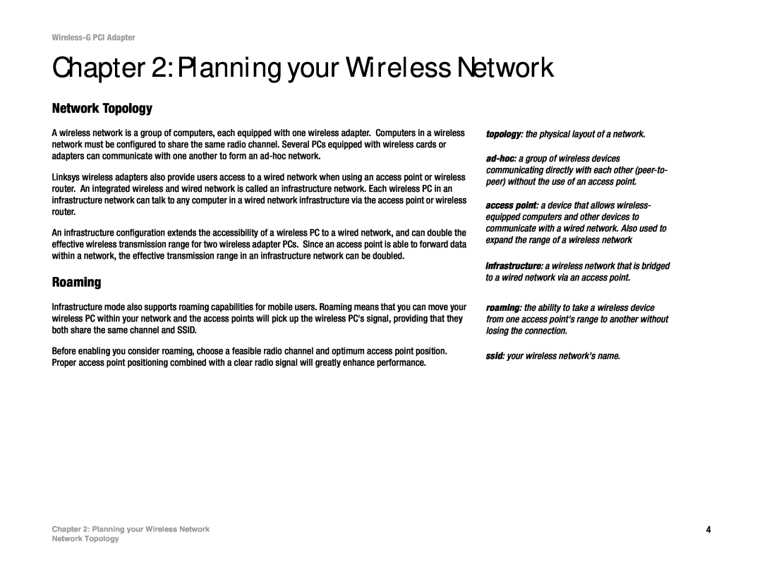 Linksys WMP54G manual Planning your Wireless Network, Network Topology, Roaming, topology the physical layout of a network 