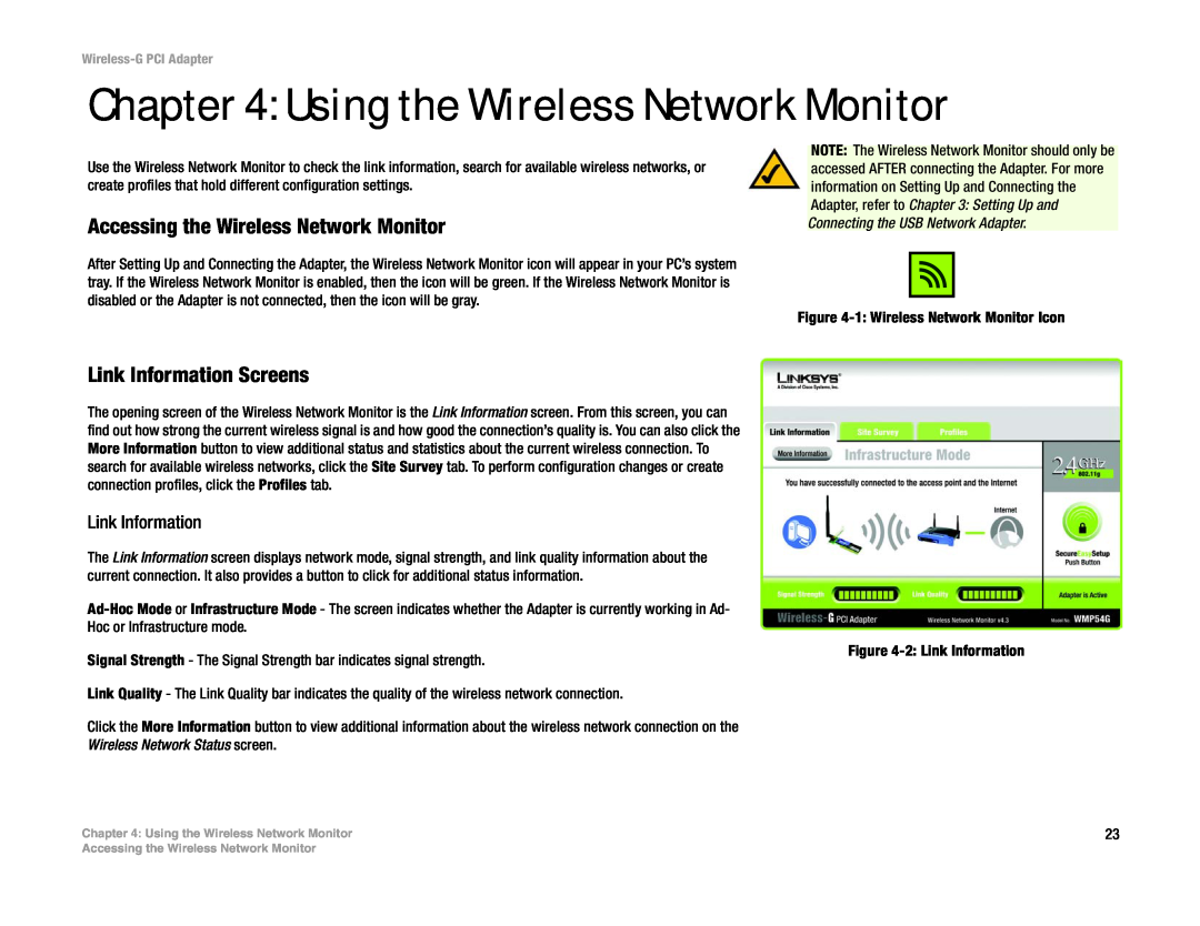 Linksys WMP54G manual Using the Wireless Network Monitor, Accessing the Wireless Network Monitor, Link Information Screens 
