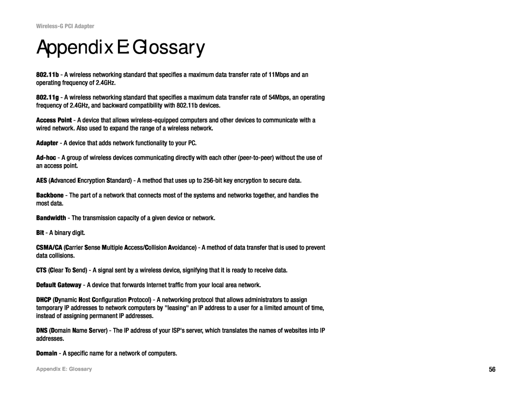 Linksys WMP54G manual Appendix E Glossary 