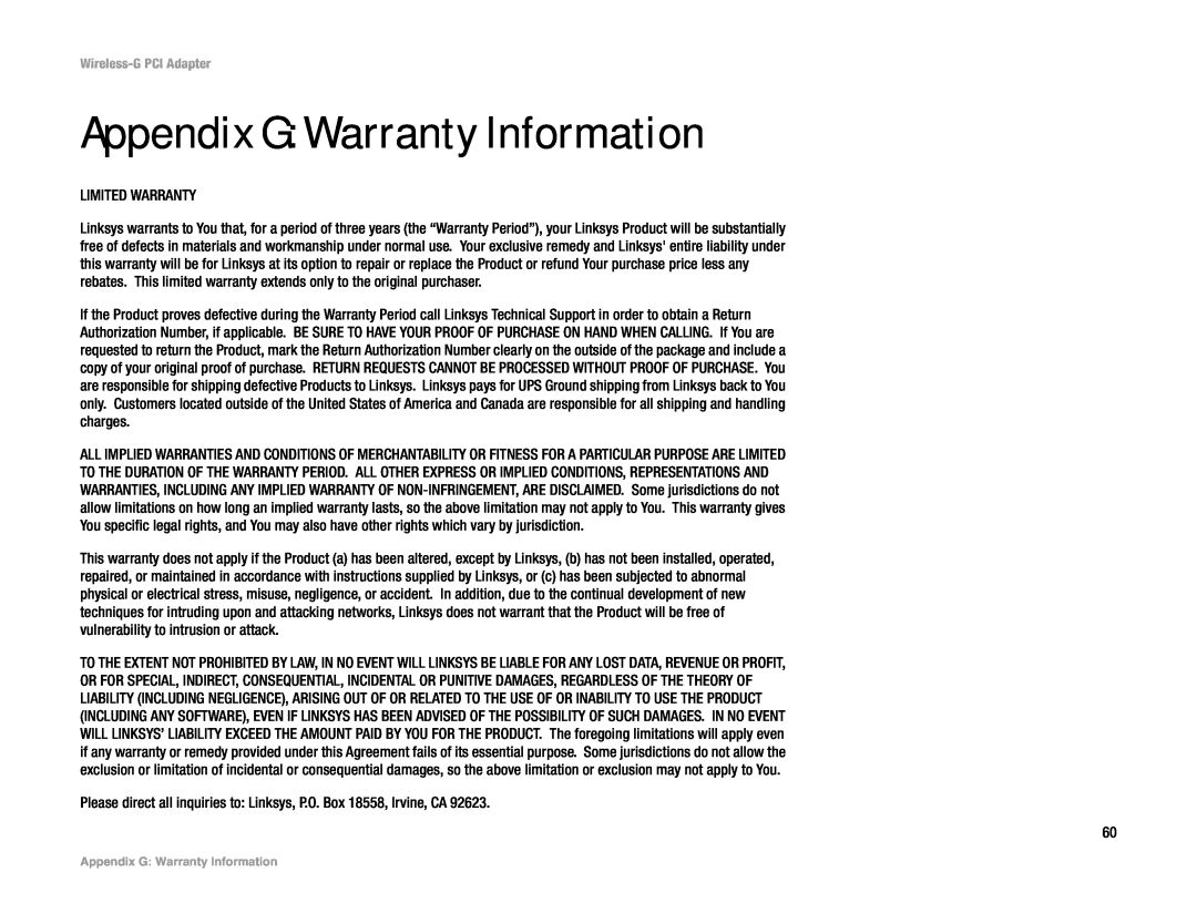 Linksys WMP54G manual Appendix G Warranty Information 