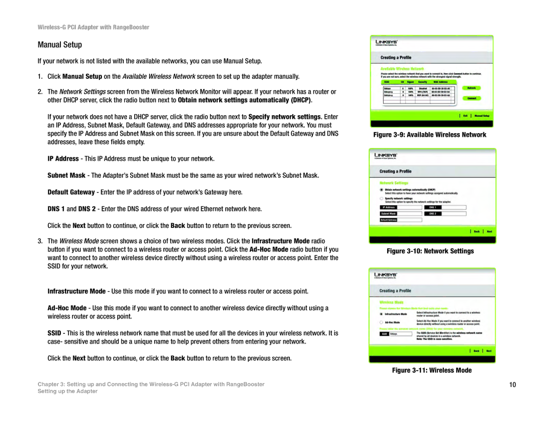 Linksys WMP54GR manual Manual Setup, Network Settings 