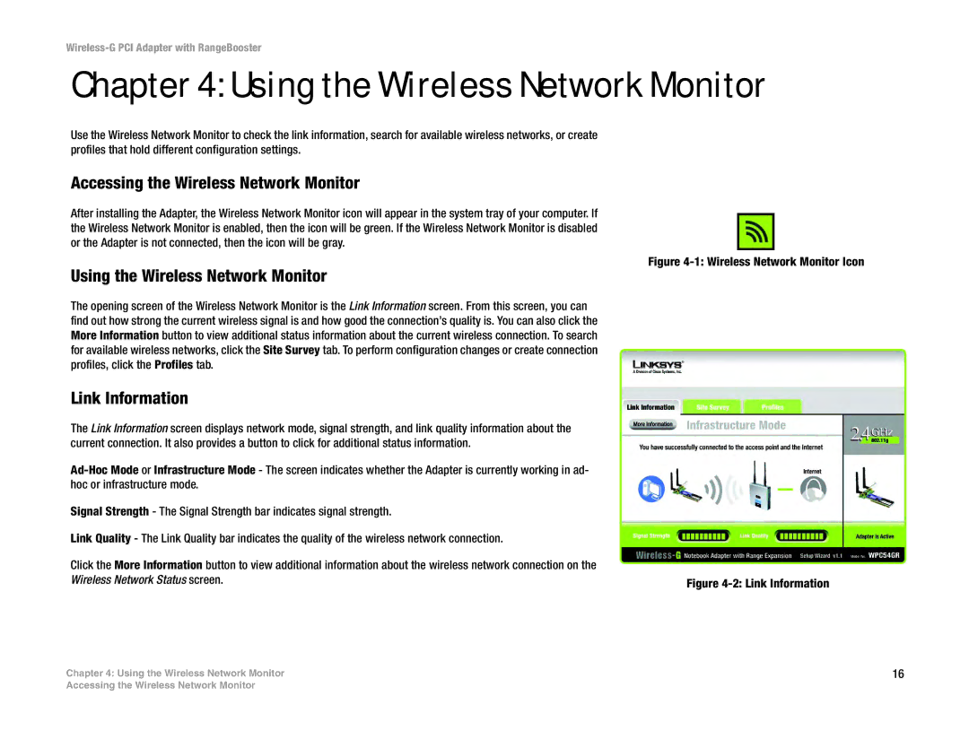 Linksys WMP54GR manual Using the Wireless Network Monitor, Accessing the Wireless Network Monitor, Link Information 