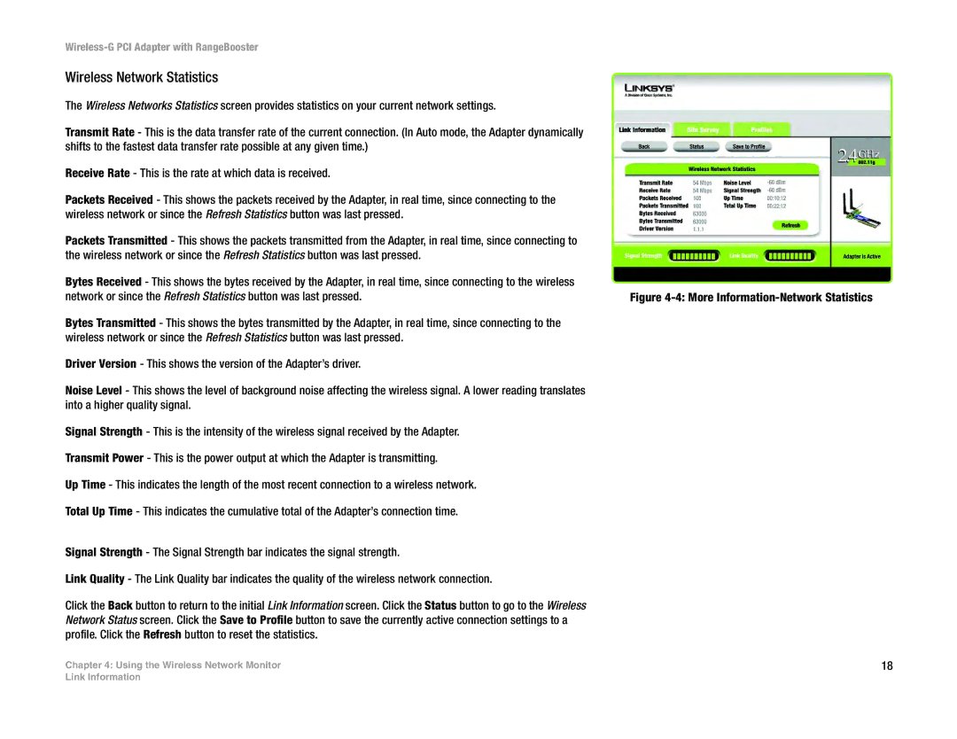 Linksys WMP54GR manual Wireless Network Statistics, More Information-Network Statistics 