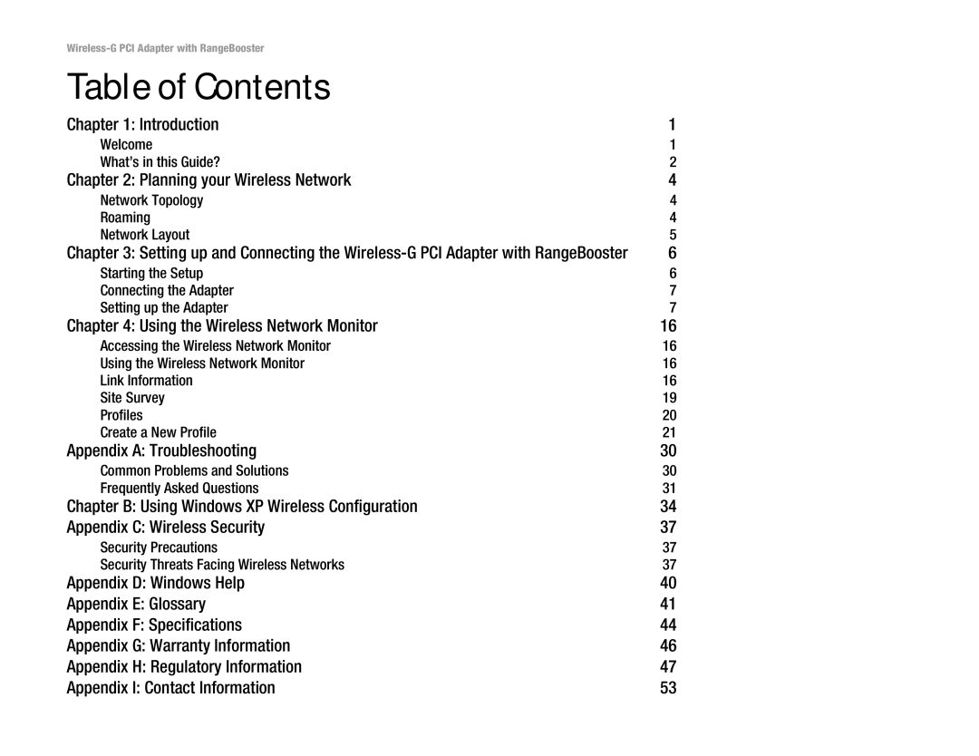 Linksys WMP54GR manual Table of Contents 