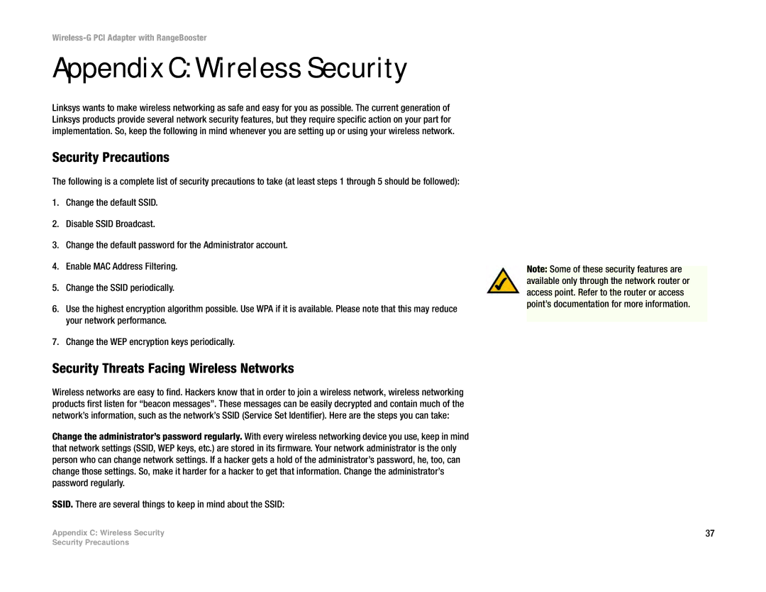 Linksys WMP54GR manual Appendix C Wireless Security, Security Precautions, Security Threats Facing Wireless Networks 