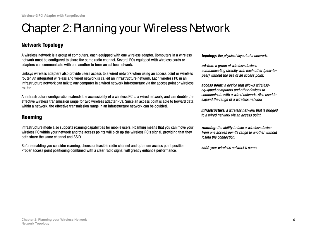 Linksys WMP54GR manual Planning your Wireless Network, Network Topology, Roaming, Topology the physical layout of a network 