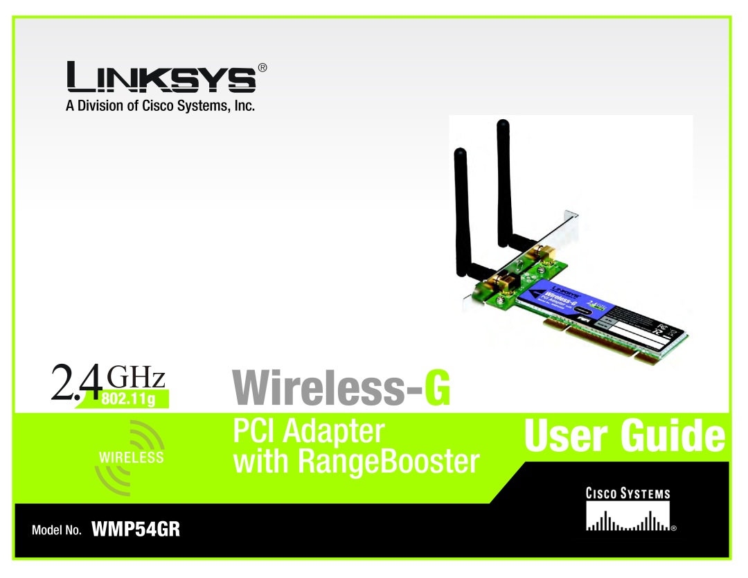 Linksys manual Wireless- G, User Guide, PCI Adapter, with RangeBooster, 2.4802 GHz.11g, Model No. WMP54GR 