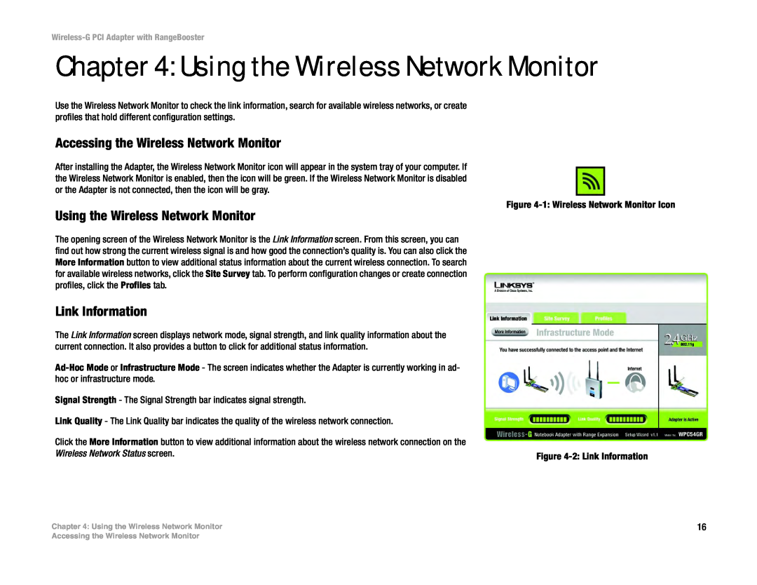 Linksys WMP54GR manual Using the Wireless Network Monitor, Accessing the Wireless Network Monitor, Link Information 