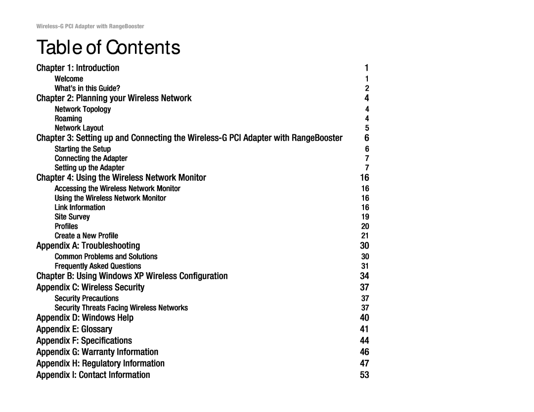 Linksys WMP54GR manual Table of Contents 