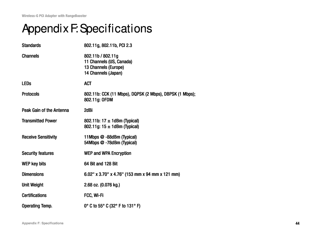Linksys WMP54GR manual Appendix F Specifications 