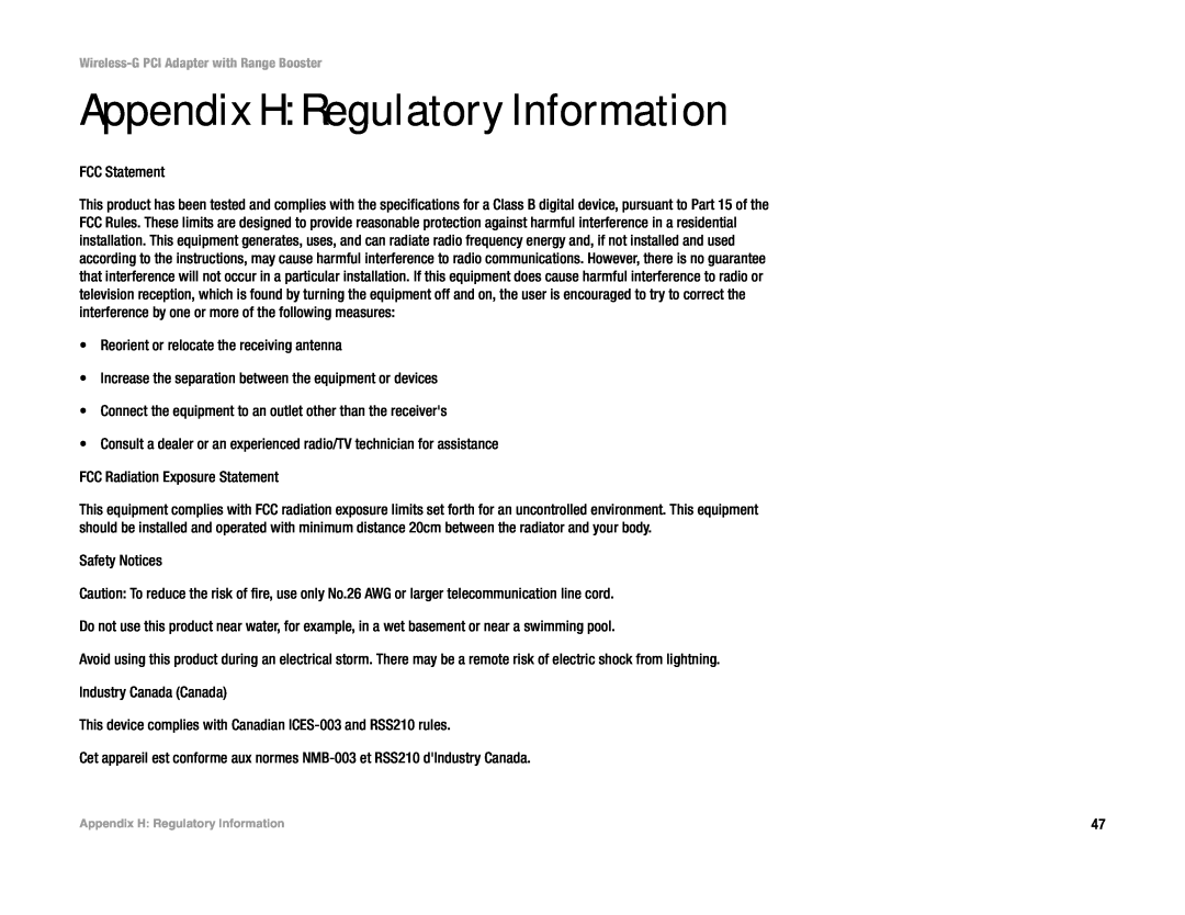 Linksys WMP54GR manual Appendix H Regulatory Information 