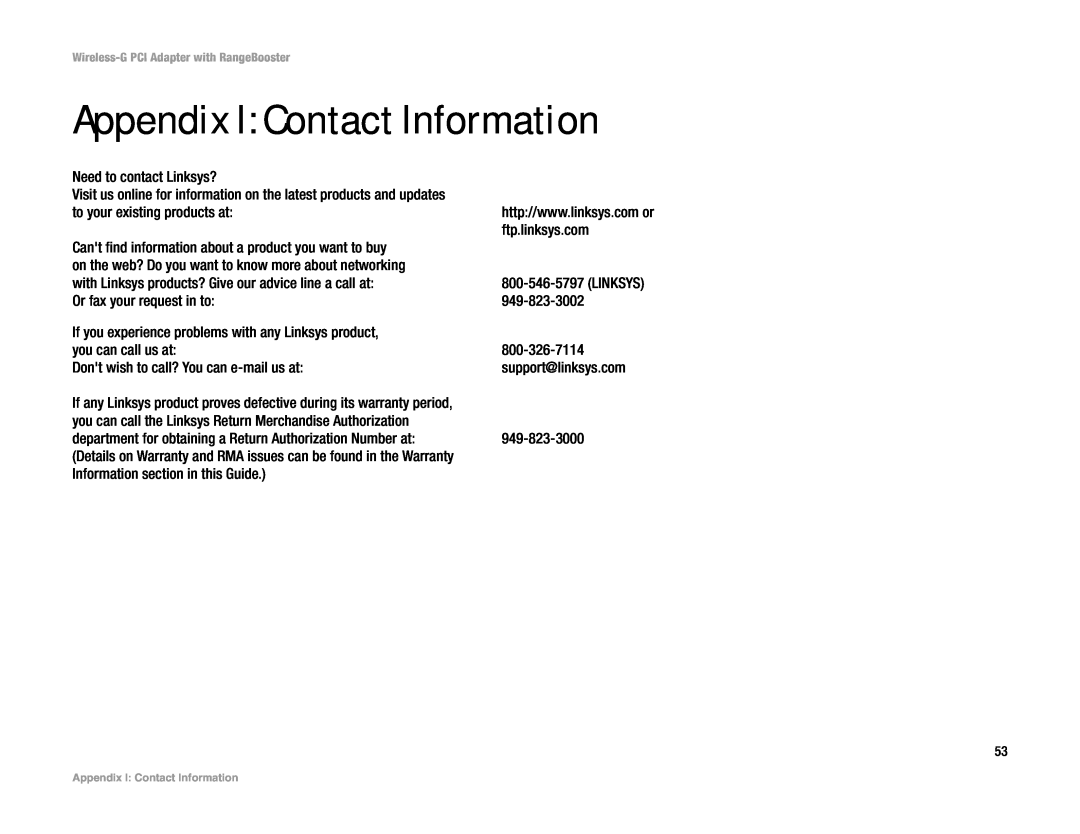Linksys WMP54GR manual Appendix I Contact Information 