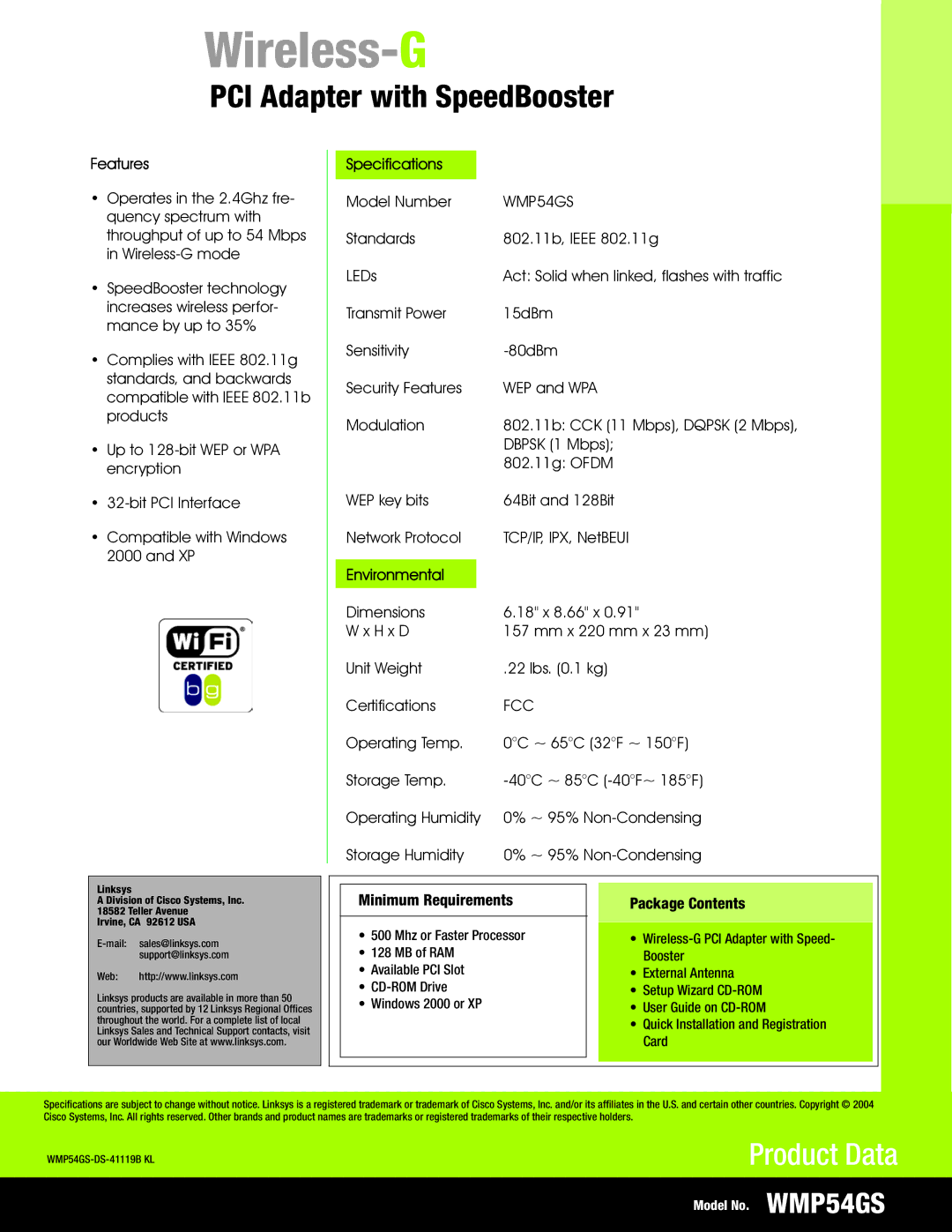 Linksys WMP54GS manual Features, Specifications, Environmental, Fcc 