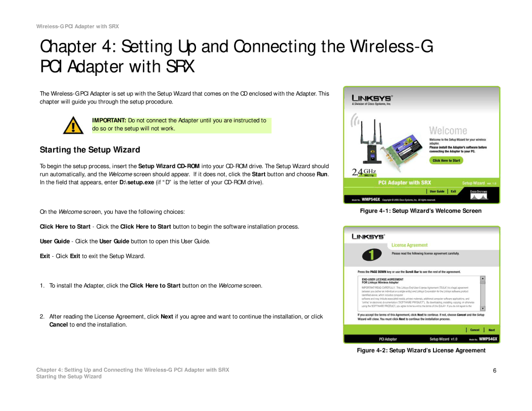 Linksys WMP54GX manual Starting the Setup Wizard, Setup Wizard’s Welcome Screen 