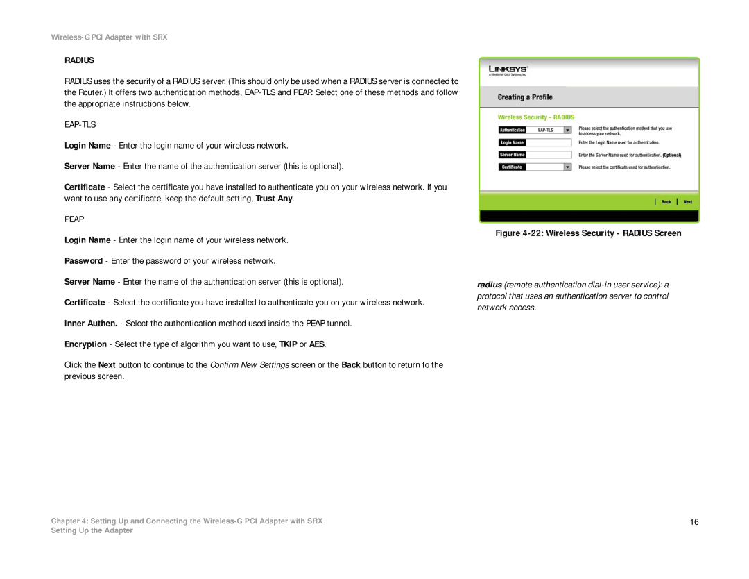 Linksys WMP54GX manual Radius 