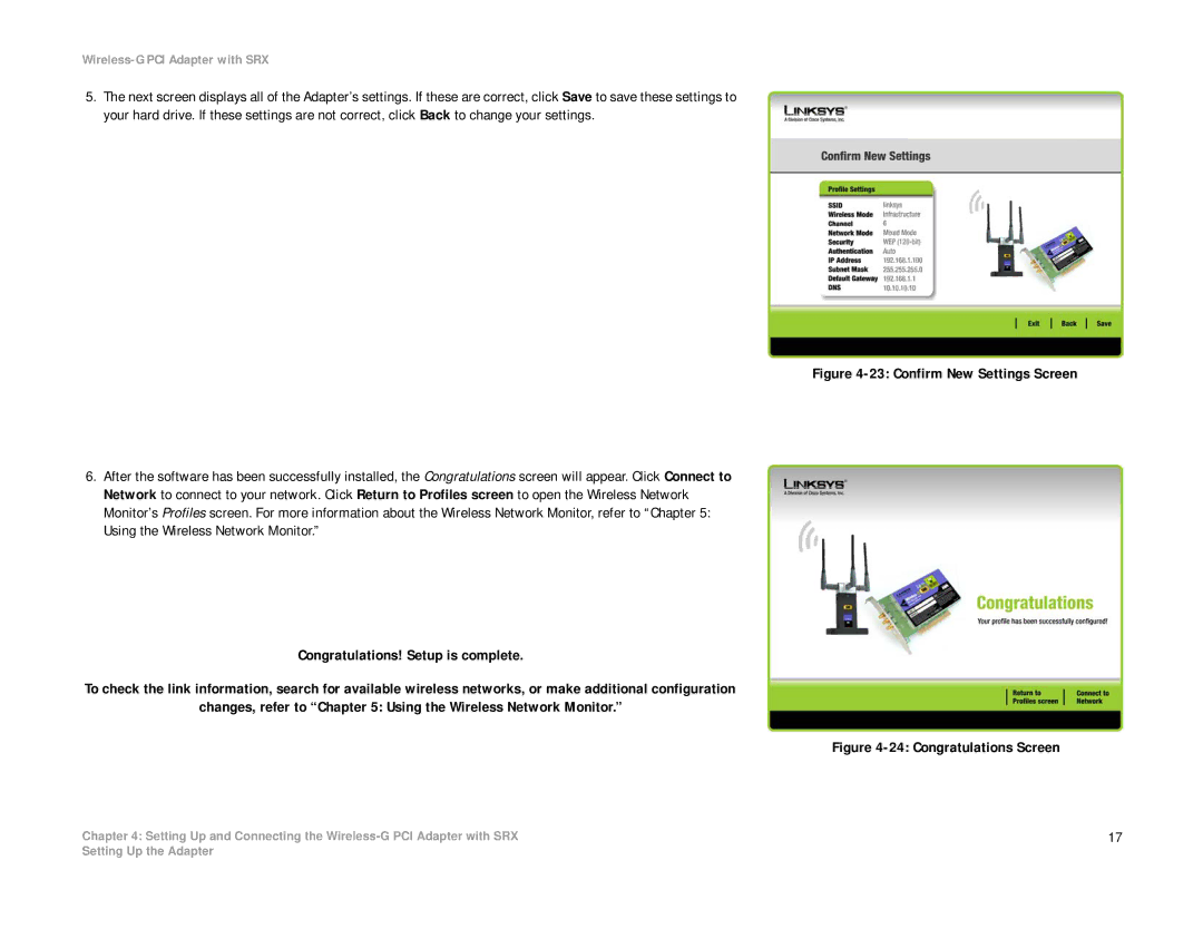 Linksys WMP54GX manual Confirm New Settings Screen 