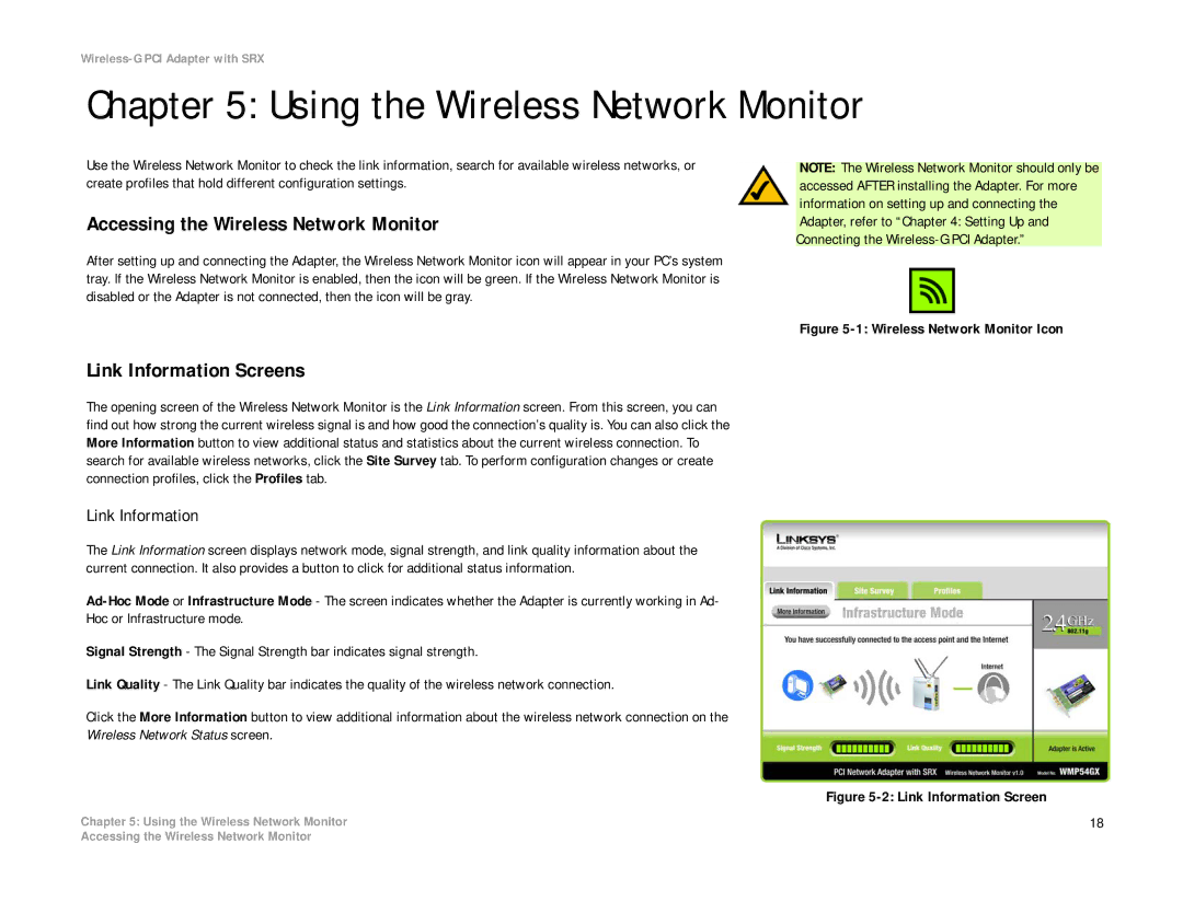 Linksys WMP54GX manual Using the Wireless Network Monitor, Accessing the Wireless Network Monitor, Link Information Screens 