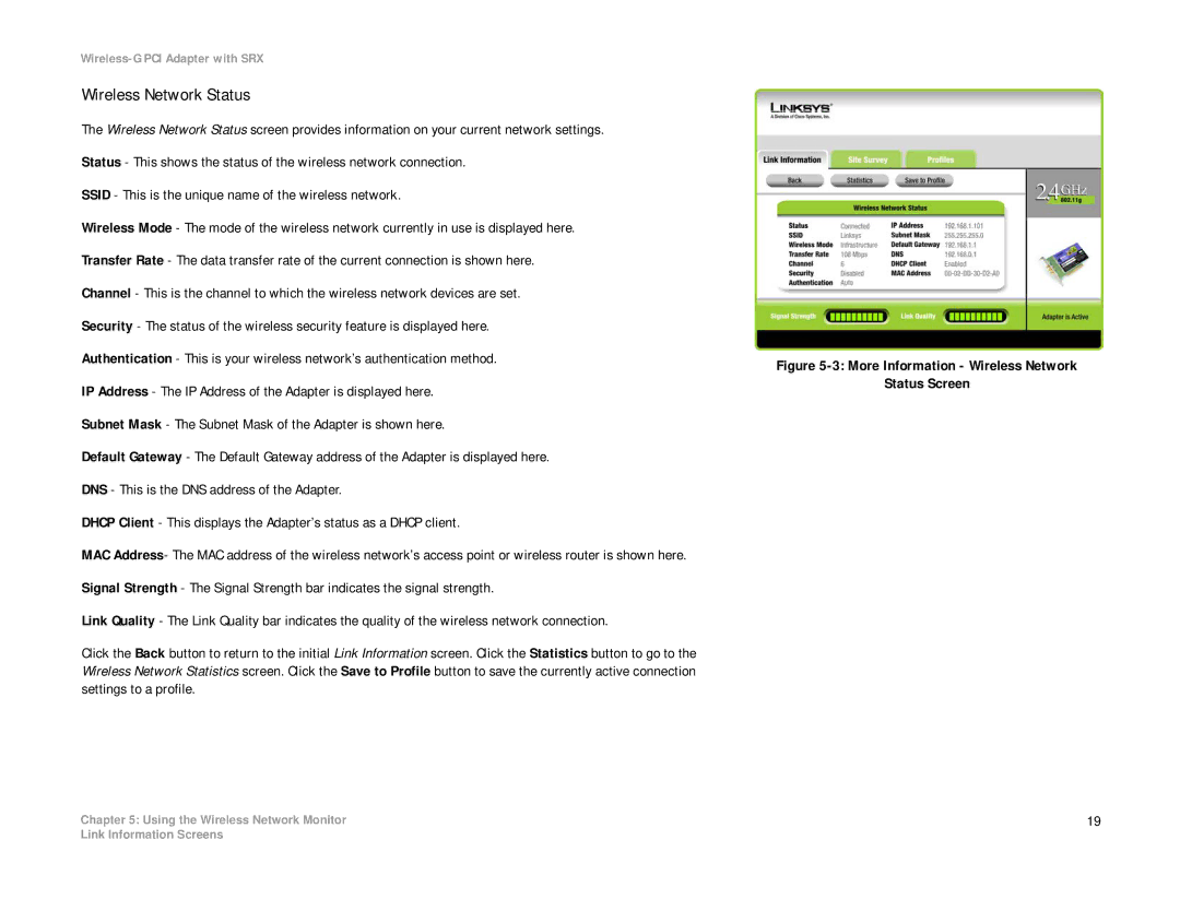 Linksys WMP54GX manual More Information Wireless Network Status Screen 