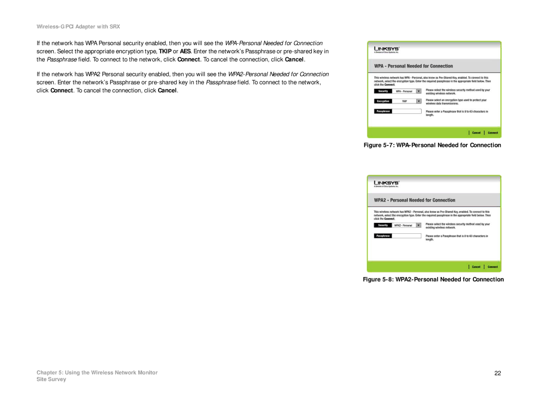 Linksys WMP54GX manual WPA2-Personal Needed for Connection 