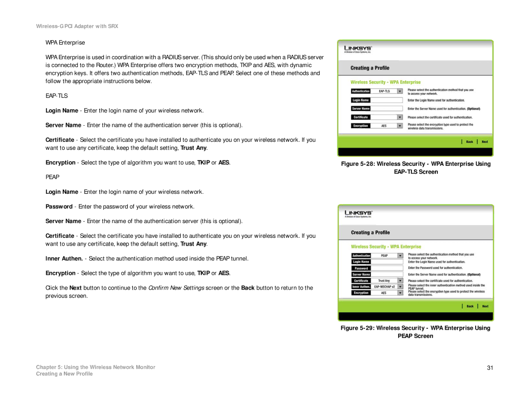 Linksys WMP54GX manual Wireless Security WPA Enterprise Using EAP-TLS Screen 