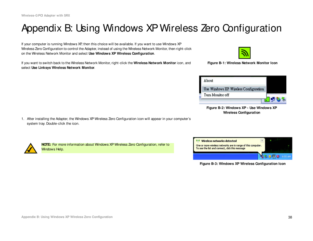 Linksys WMP54GX manual Appendix B Using Windows XP Wireless Zero Configuration, Figure B-1 Wireless Network Monitor Icon 