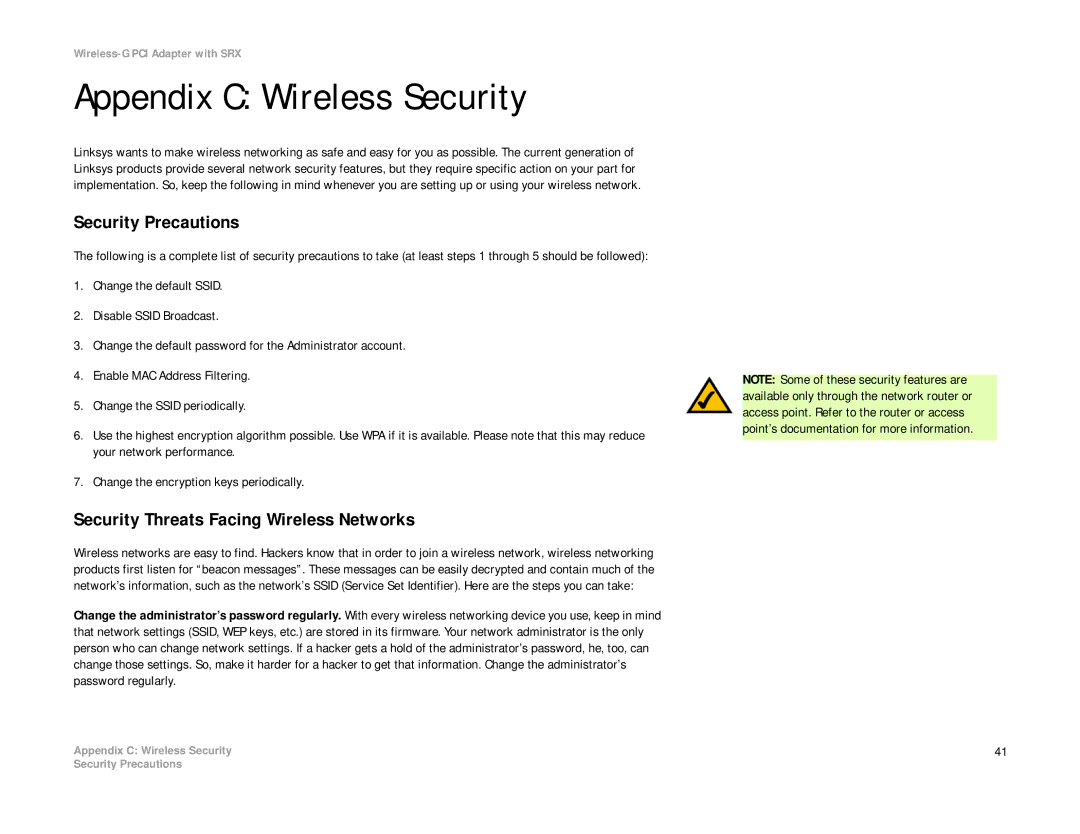 Linksys WMP54GX manual Appendix C Wireless Security, Security Precautions, Security Threats Facing Wireless Networks 