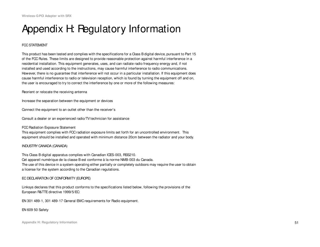 Linksys WMP54GX manual Appendix H Regulatory Information, FCC Statement 