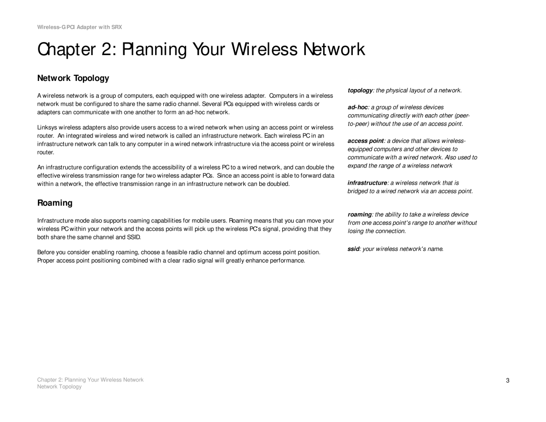 Linksys WMP54GX manual Planning Your Wireless Network, Network Topology, Roaming, Topology the physical layout of a network 