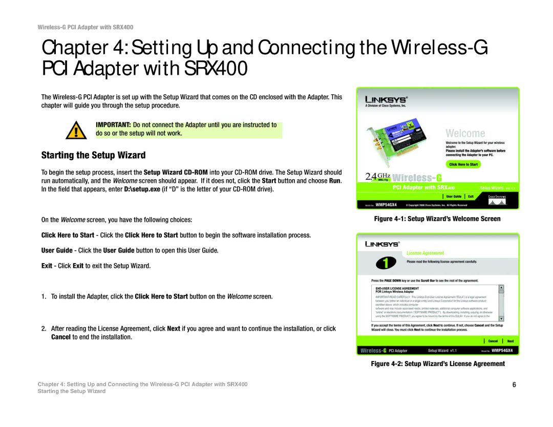 Linksys WMP54GX4 manual Starting the Setup Wizard, Setup Wizard’s Welcome Screen 