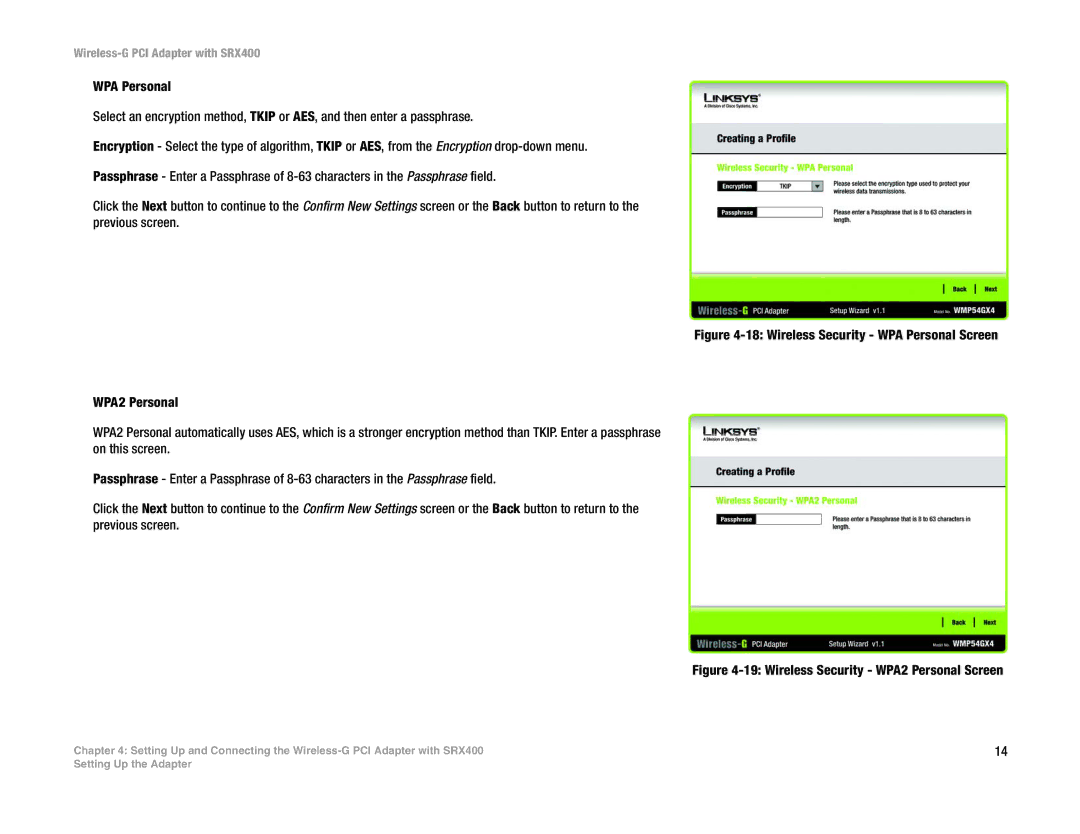 Linksys WMP54GX4 manual Wireless Security WPA2 Personal Screen 