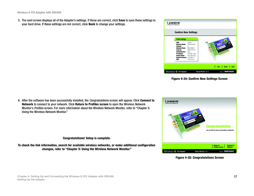 Linksys WMP54GX4 manual Confirm New Settings Screen 