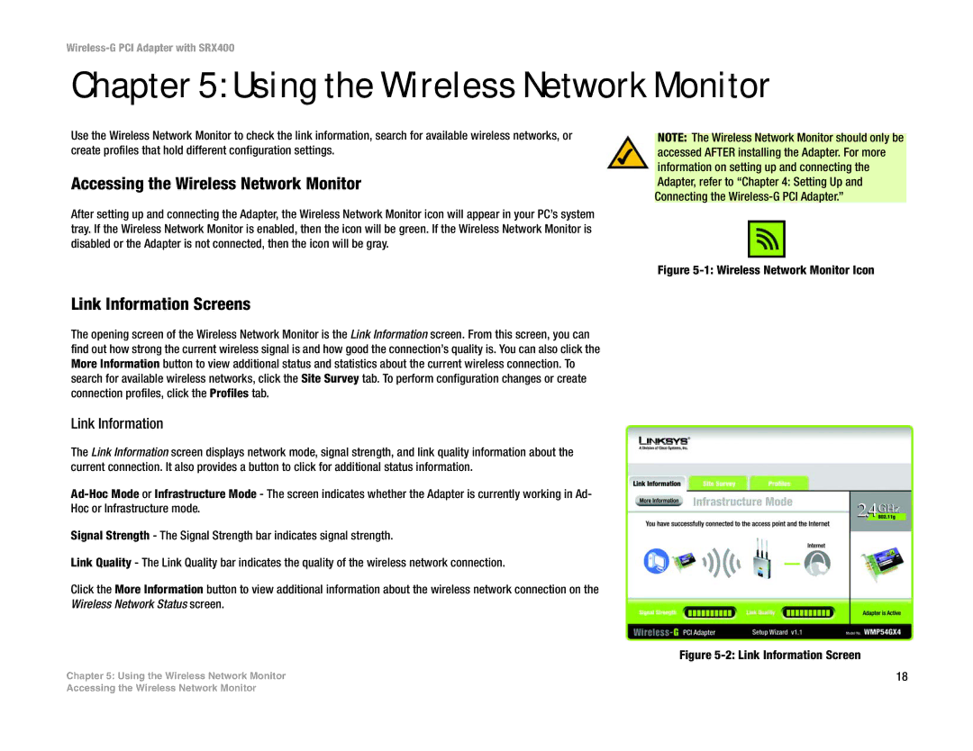 Linksys WMP54GX4 Using the Wireless Network Monitor, Accessing the Wireless Network Monitor, Link Information Screens 